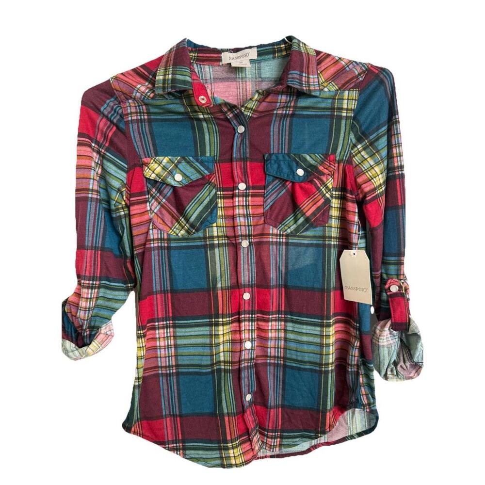 Passport XS Women’s Plaid Pearl Snap Long Sleeved New With Tags - Picture 1 of 9
